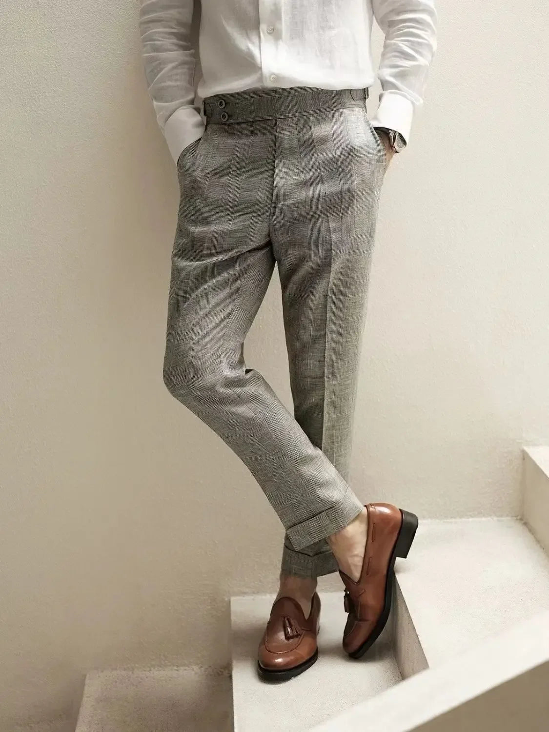 Men’s High-Waisted Plaid Dress Pants – Adjustable Side Buckle Tailored Trousers