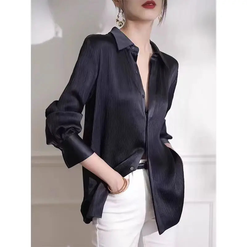 Elegant Office Women's Black Satin Texture Loose Long-Sleeved Blouse