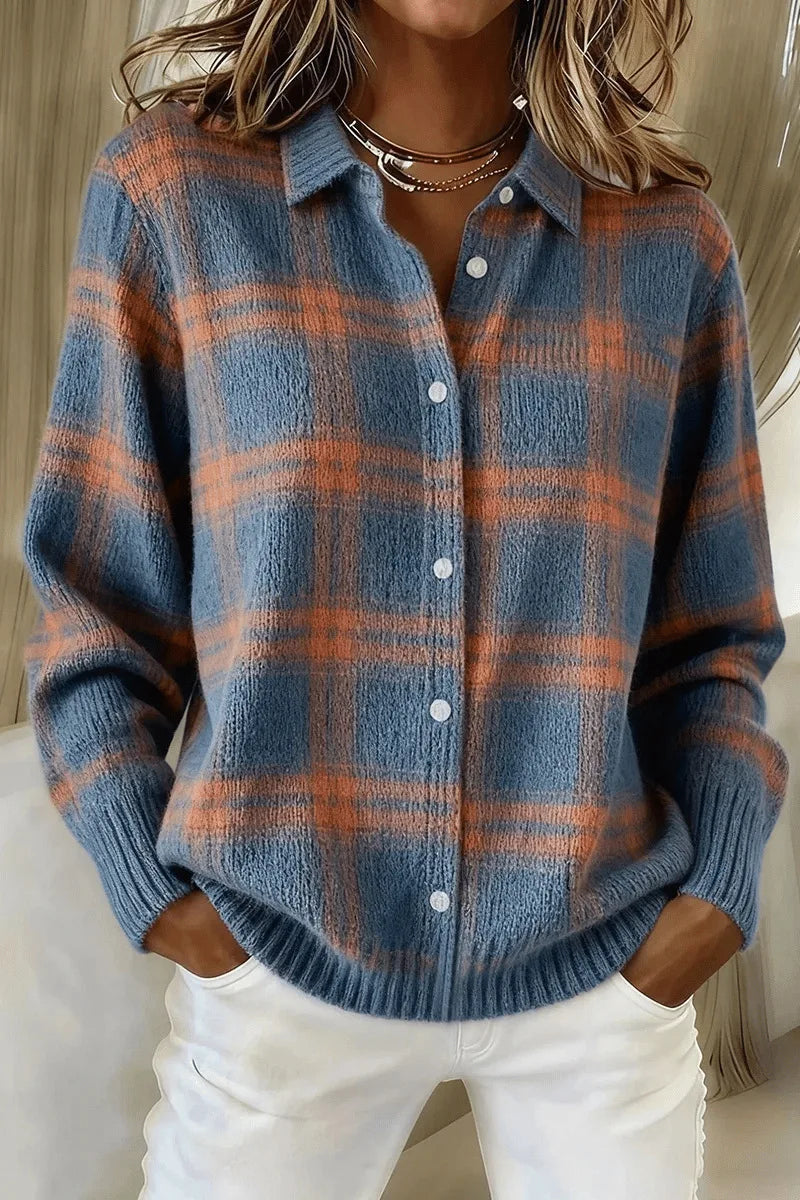 Women’s Plaid Knit Button-Down Shirt – Cozy Long Sleeve Checkered Sweater Top