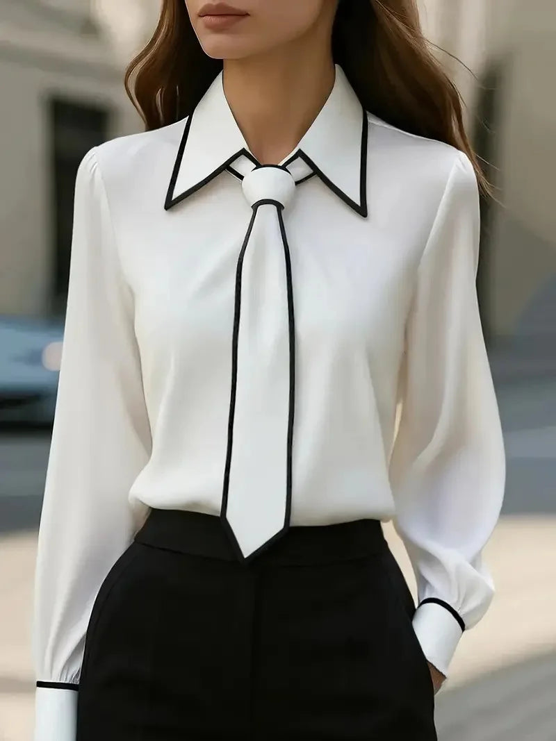 Elegant Contrast Trim Tie-Neck Blouse – Long Sleeve Office Chic Shirt