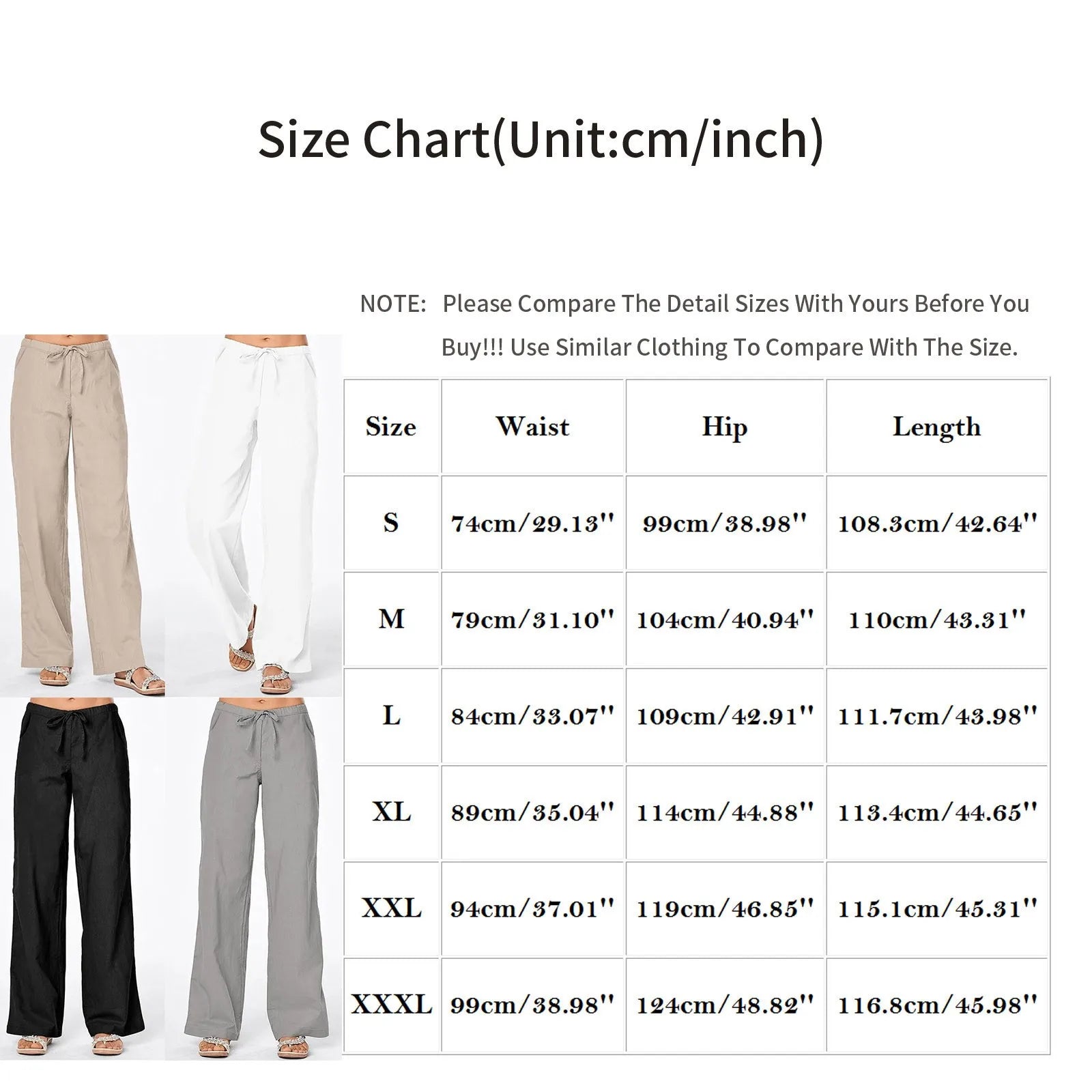 Casual Linen Wide-Leg Pants w/ Drawstring Elastic Waist Lightweight Summer Trousers