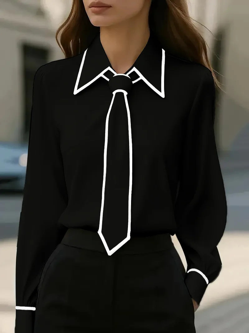 Elegant Contrast Trim Tie-Neck Blouse – Long Sleeve Office Chic Shirt