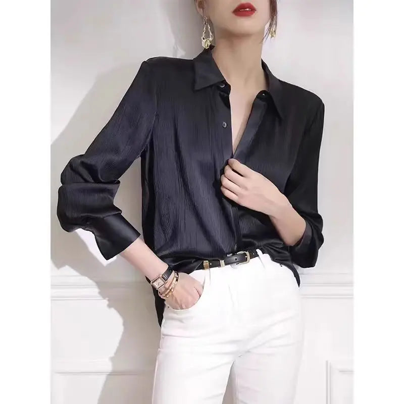 Elegant Office Women's Black Satin Texture Loose Long-Sleeved Blouse