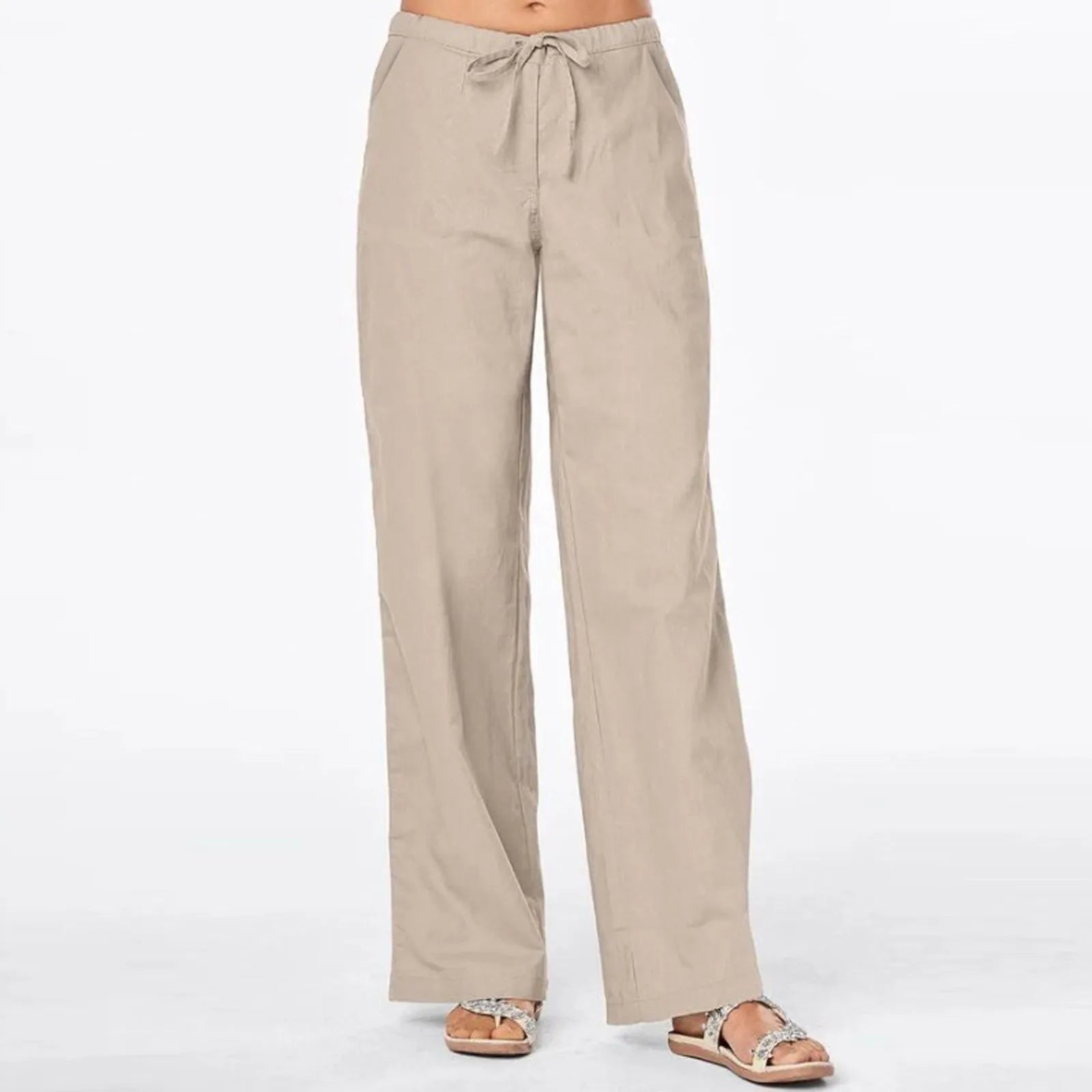 Casual Linen Wide-Leg Pants w/ Drawstring Elastic Waist Lightweight Summer Trousers