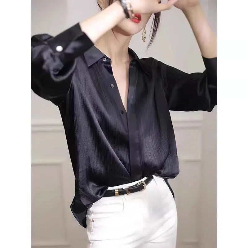 Elegant Office Women's Black Satin Texture Loose Long-Sleeved Blouse