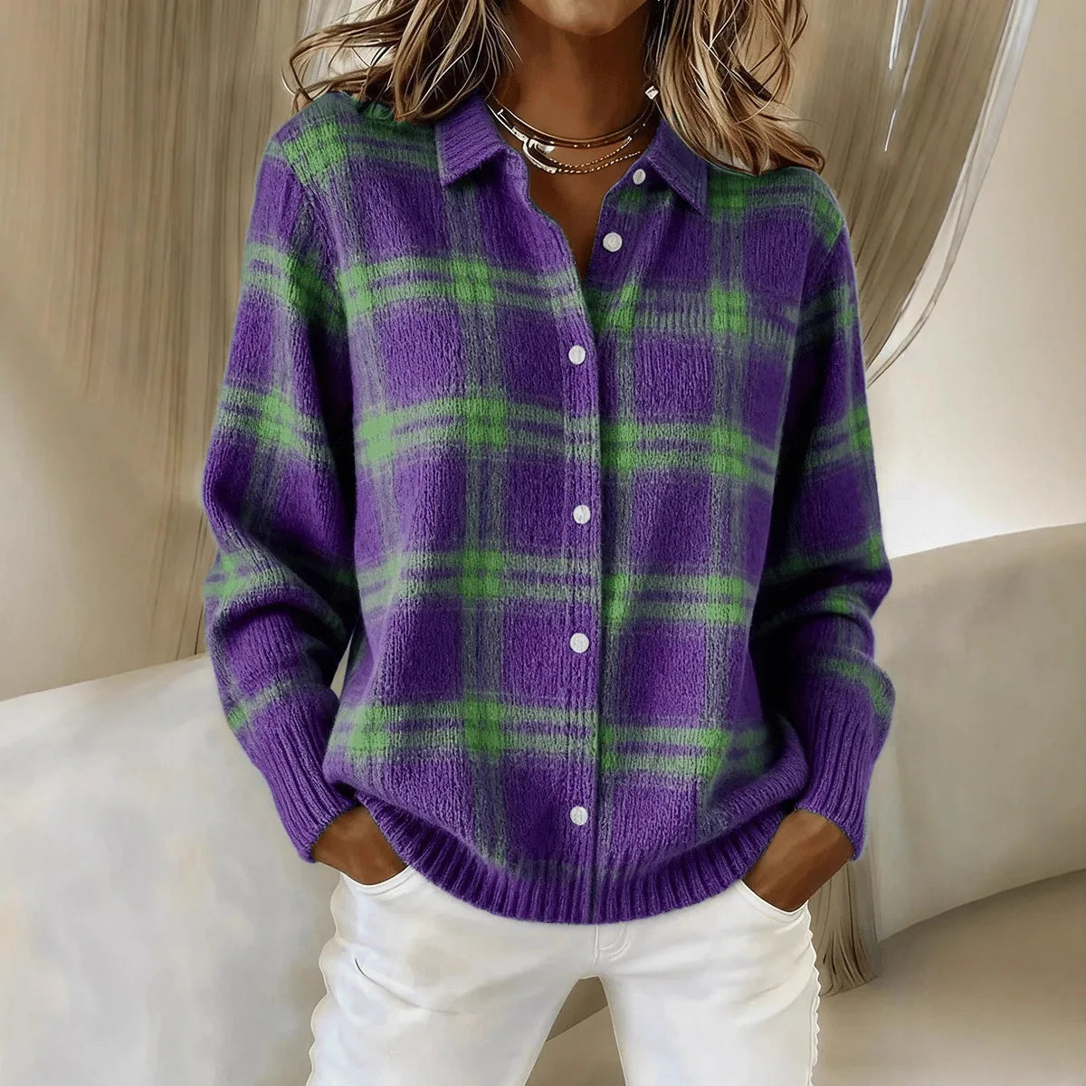 Women’s Plaid Knit Button-Down Shirt – Cozy Long Sleeve Checkered Sweater Top
