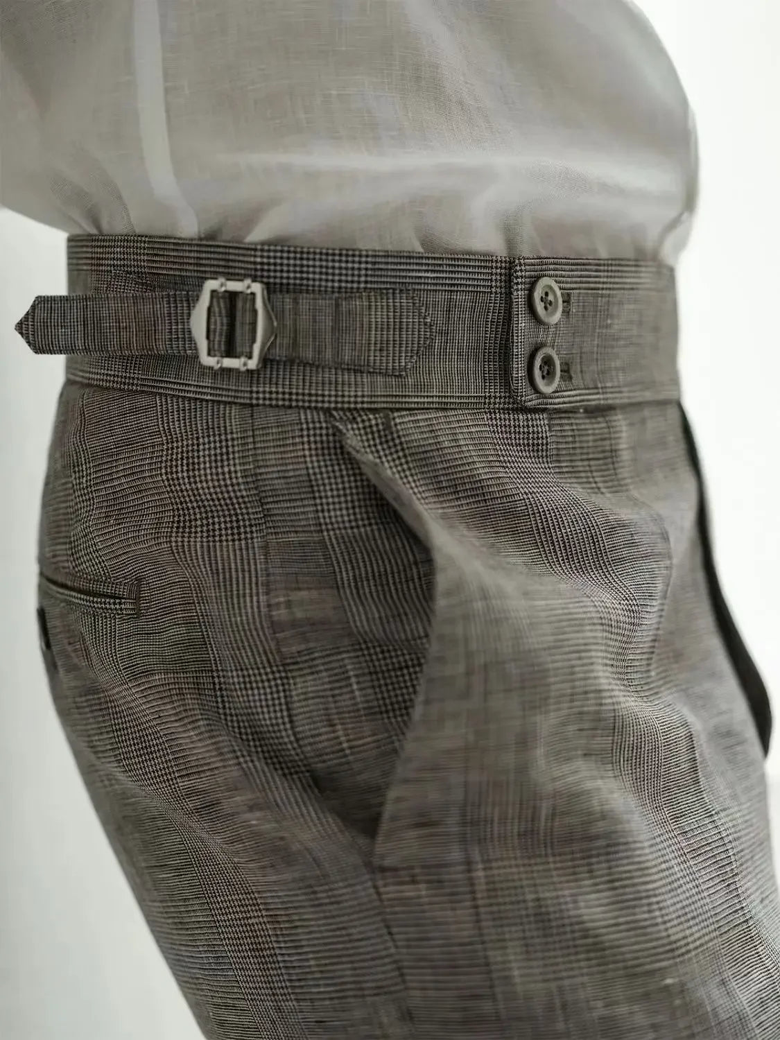 Men’s High-Waisted Plaid Dress Pants – Adjustable Side Buckle Tailored Trousers