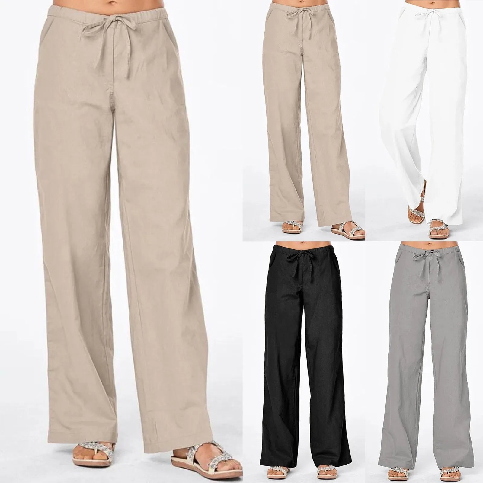 Casual Linen Wide-Leg Pants w/ Drawstring Elastic Waist Lightweight Summer Trousers