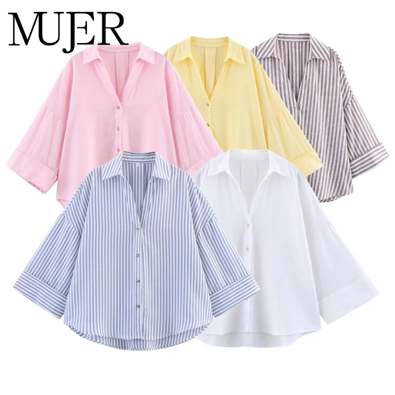 MUJER Women's Striped Oversize Wide Sleeve Casual Shirts and Blouses