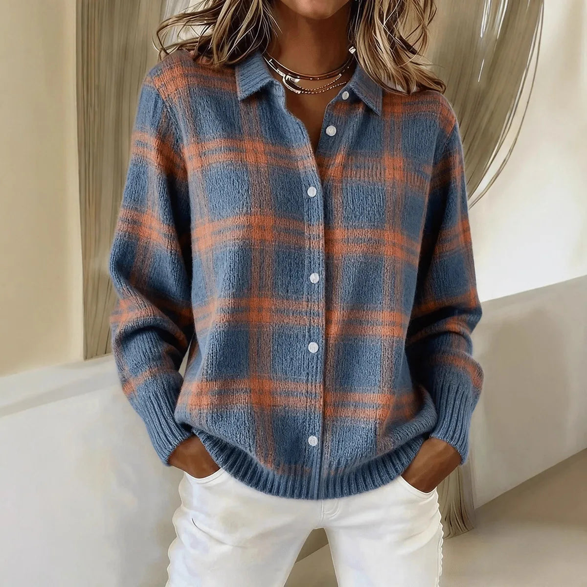 Women’s Plaid Knit Button-Down Shirt – Cozy Long Sleeve Checkered Sweater Top