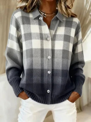 Women’s Plaid Knit Button-Down Shirt – Cozy Long Sleeve Checkered Sweater Top
