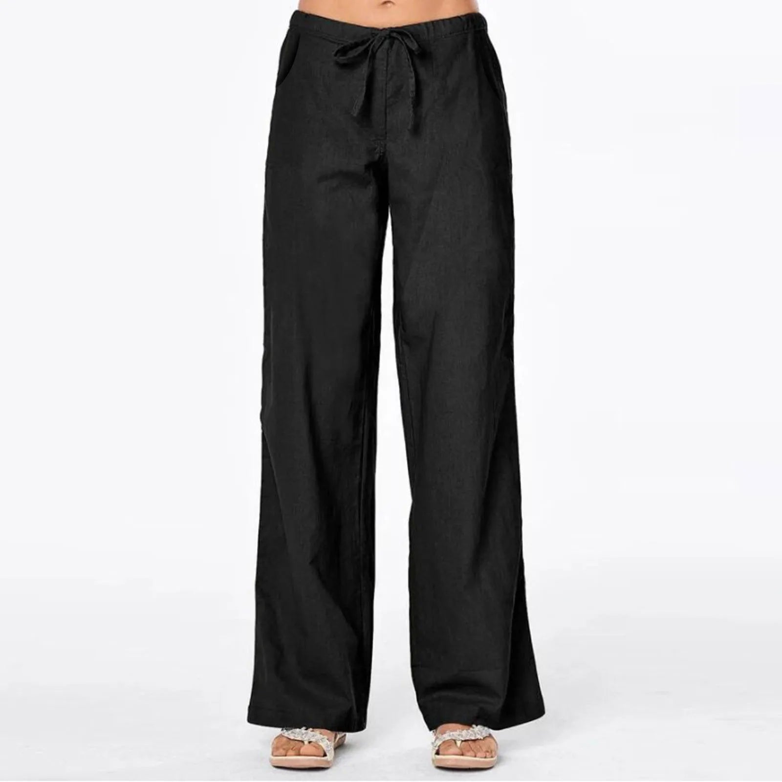 Casual Linen Wide-Leg Pants w/ Drawstring Elastic Waist Lightweight Summer Trousers