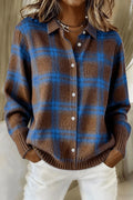 Women’s Plaid Knit Button-Down Shirt – Cozy Long Sleeve Checkered Sweater Top