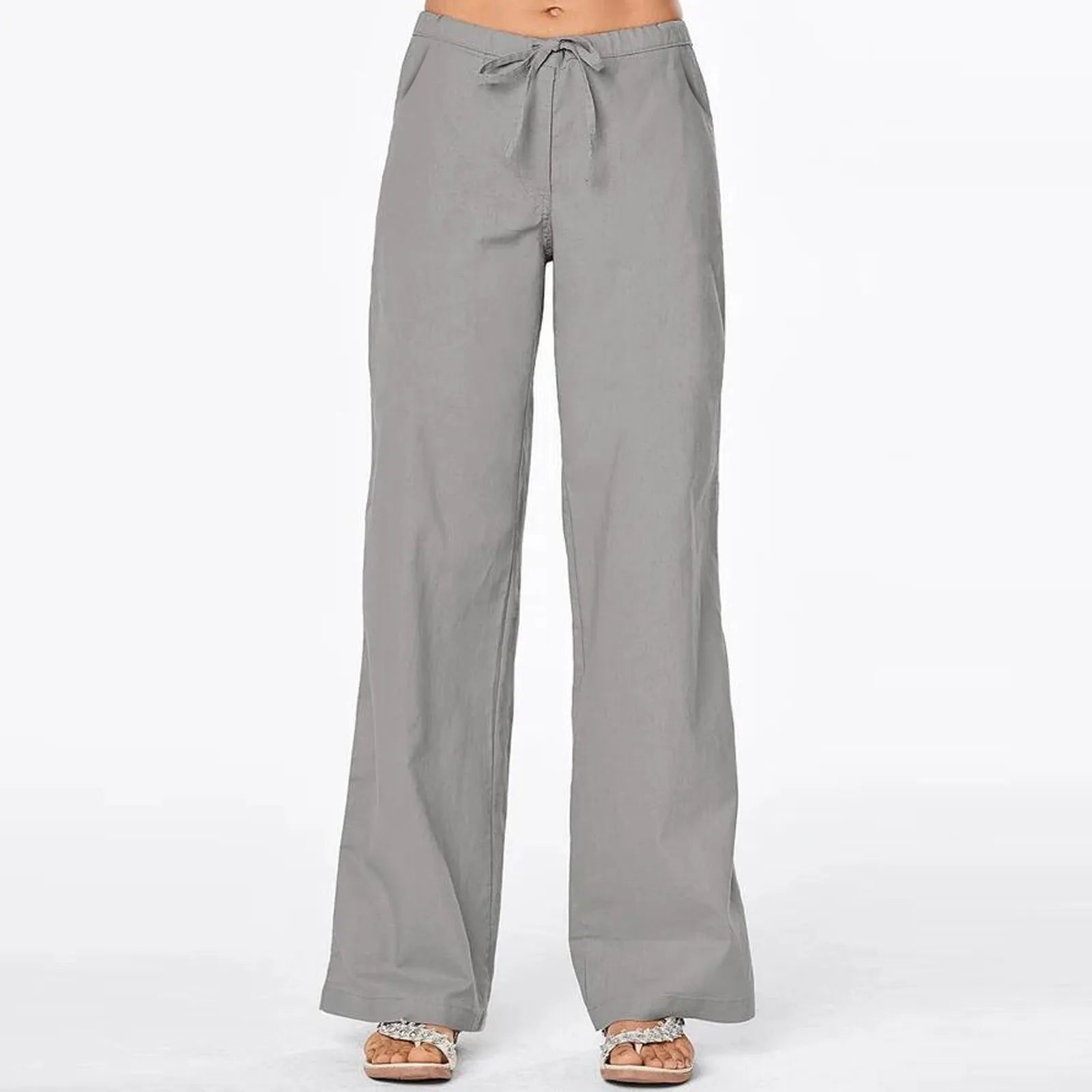 Casual Linen Wide-Leg Pants w/ Drawstring Elastic Waist Lightweight Summer Trousers