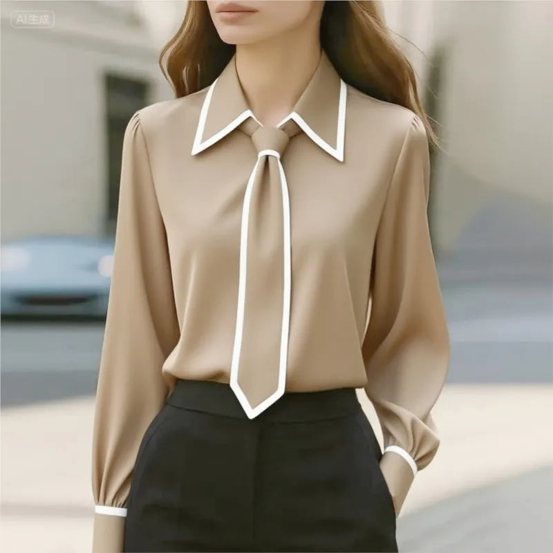 Elegant Contrast Trim Tie-Neck Blouse – Long Sleeve Office Chic Shirt