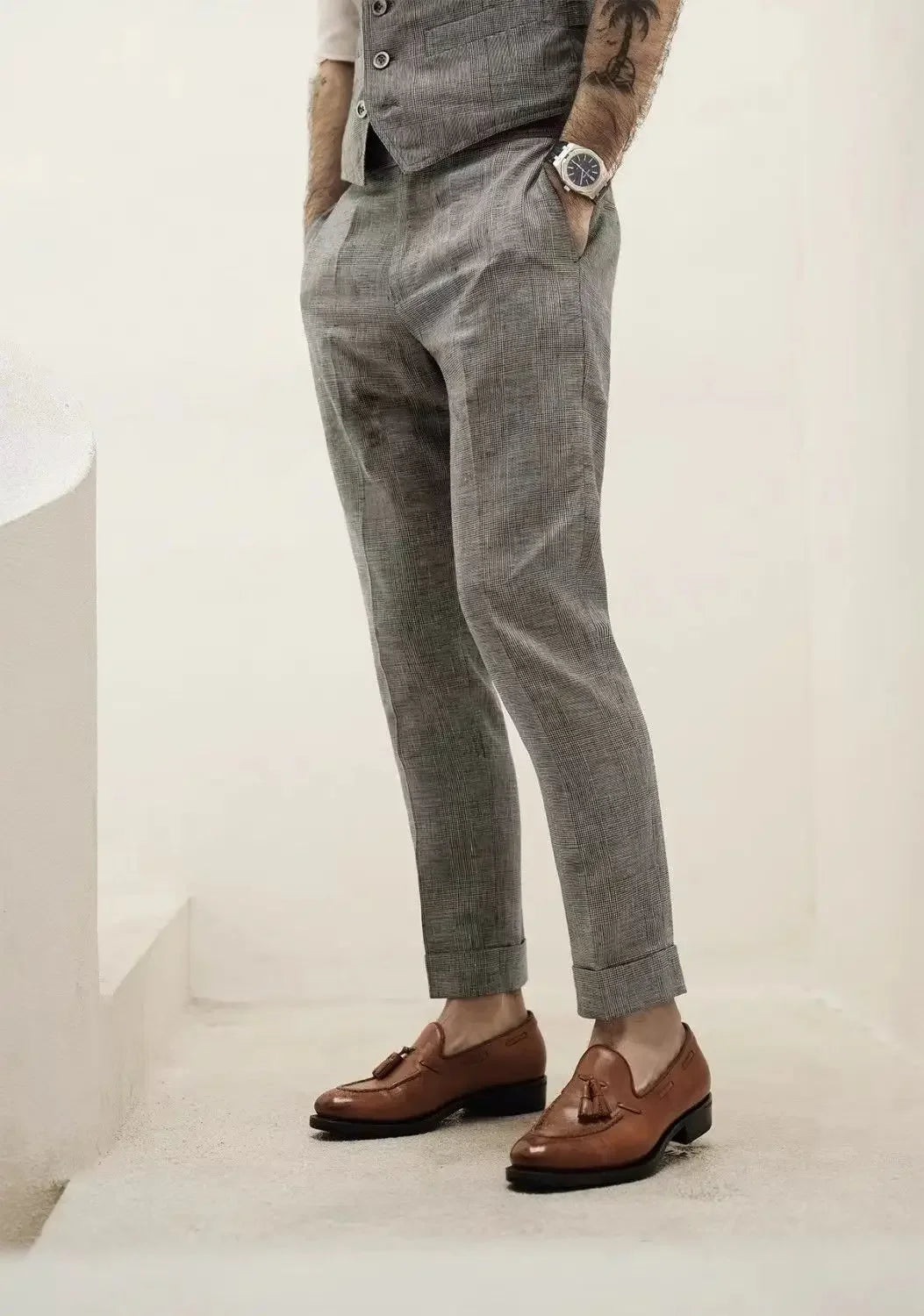 Men’s High-Waisted Plaid Dress Pants – Adjustable Side Buckle Tailored Trousers
