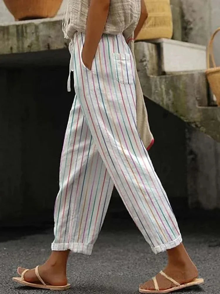 Elastic Drawstring Waist Casual Summer Ankle-Length Trousers