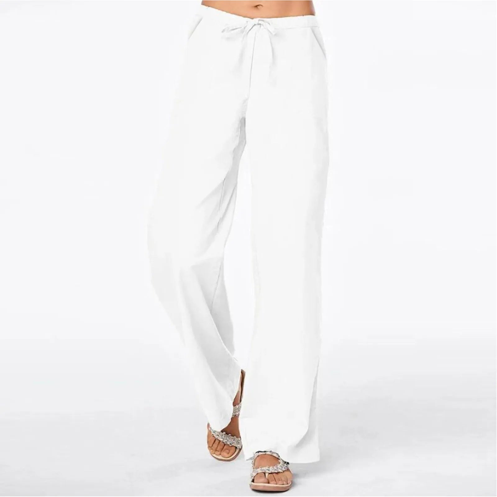 Casual Linen Wide-Leg Pants w/ Drawstring Elastic Waist Lightweight Summer Trousers