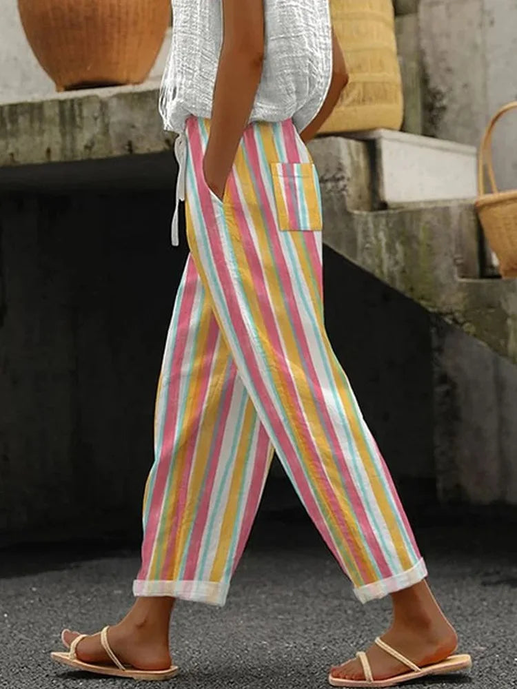 Elastic Drawstring Waist Casual Summer Ankle-Length Trousers