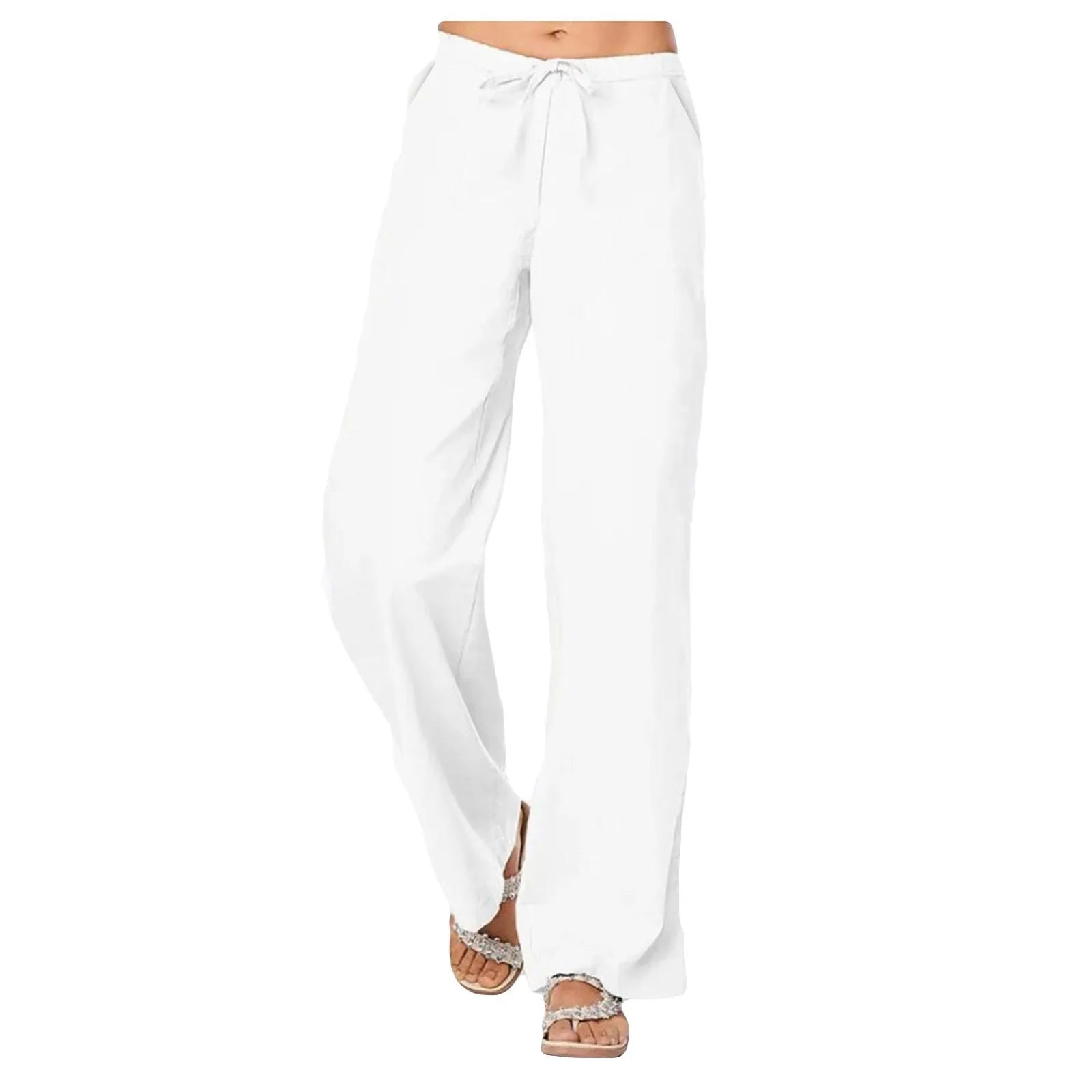 Casual Linen Wide-Leg Pants w/ Drawstring Elastic Waist Lightweight Summer Trousers