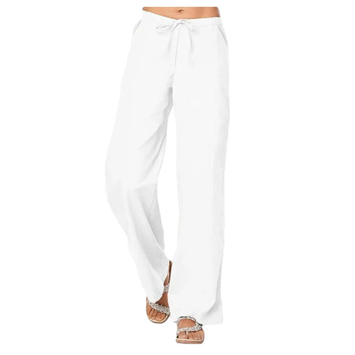 Casual Linen Wide-Leg Pants w/ Drawstring Elastic Waist Lightweight Summer Trousers