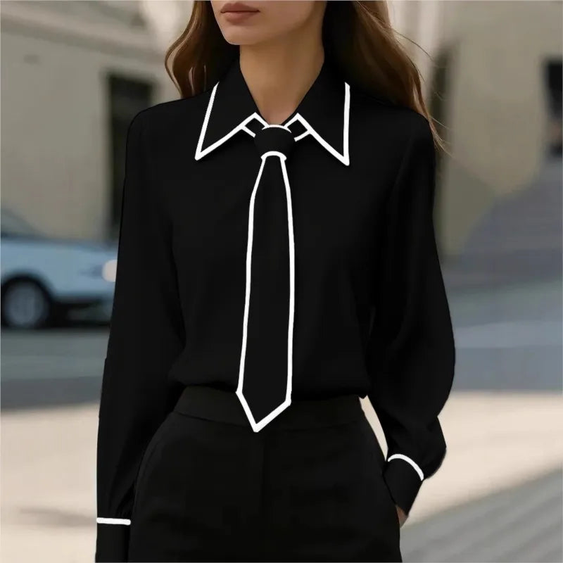 Elegant Contrast Trim Tie-Neck Blouse – Long Sleeve Office Chic Shirt