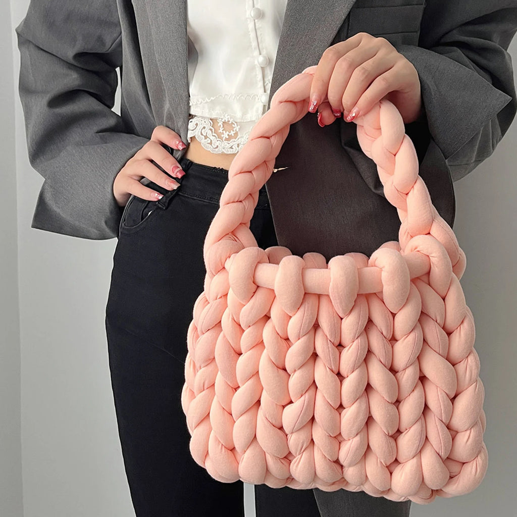 Women’s Crochet Woven Shoulder Bag – Chunky Knit Handbag for Spring Summer, Beach Travel Underarm Tote