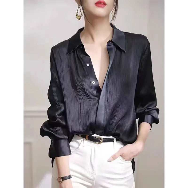 Elegant Office Women's Black Satin Texture Loose Long-Sleeved Blouse