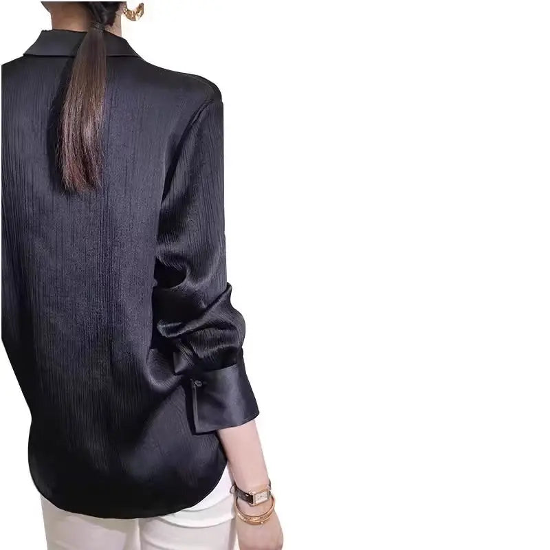 Elegant Office Women's Black Satin Texture Loose Long-Sleeved Blouse