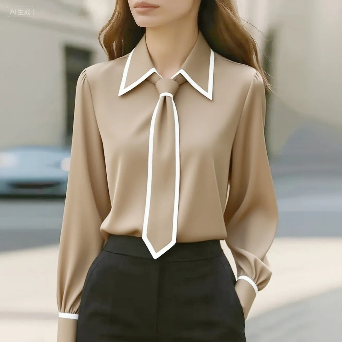 Elegant Contrast Trim Tie-Neck Blouse – Long Sleeve Office Chic Shirt
