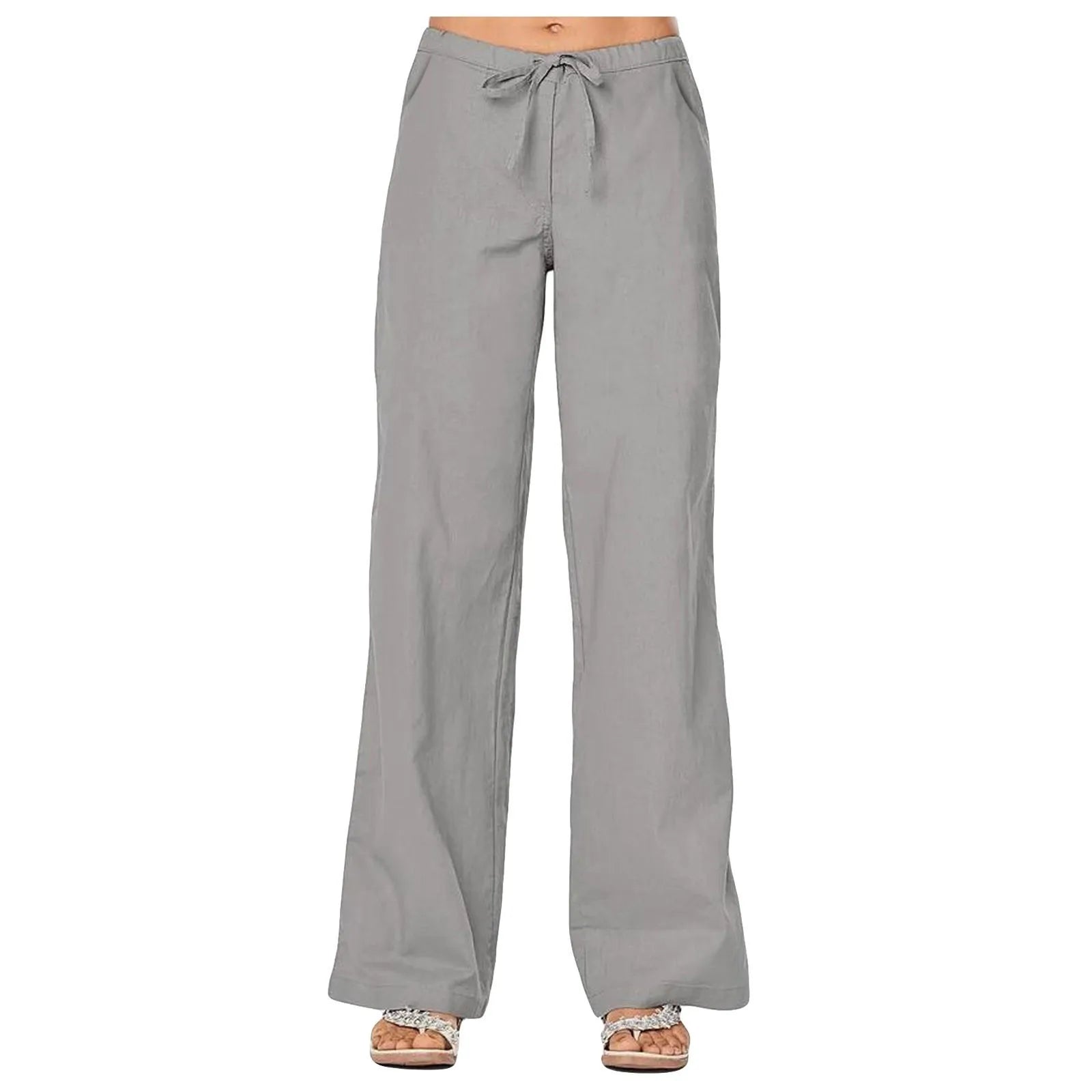 Casual Linen Wide-Leg Pants w/ Drawstring Elastic Waist Lightweight Summer Trousers