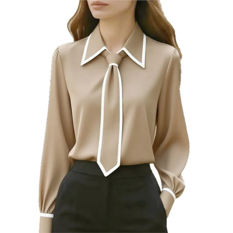 Elegant Contrast Trim Tie-Neck Blouse – Long Sleeve Office Chic Shirt