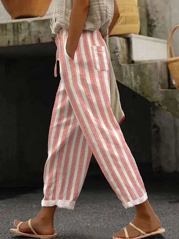 Elastic Drawstring Waist Casual Summer Ankle-Length Trousers