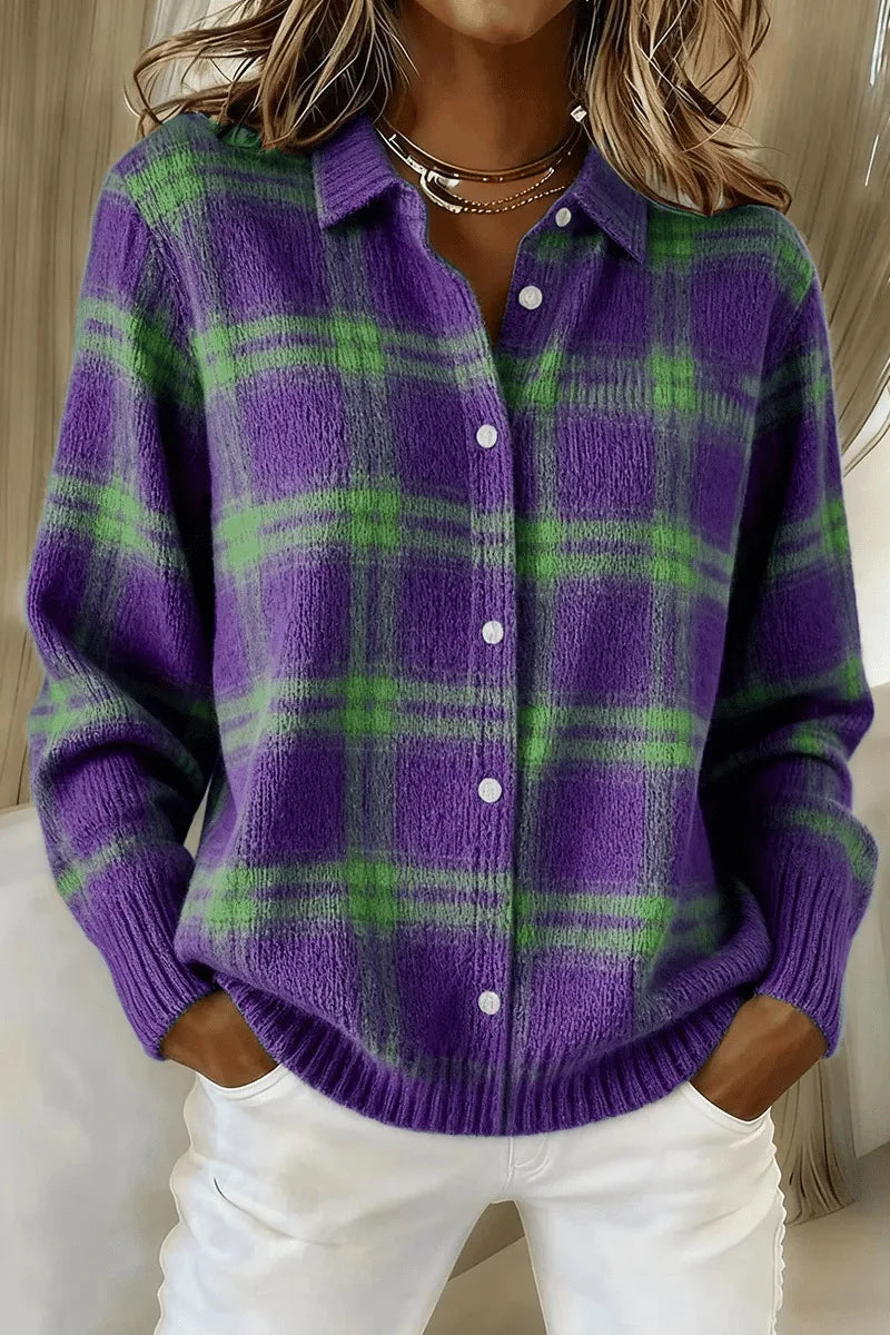 Women’s Plaid Knit Button-Down Shirt – Cozy Long Sleeve Checkered Sweater Top