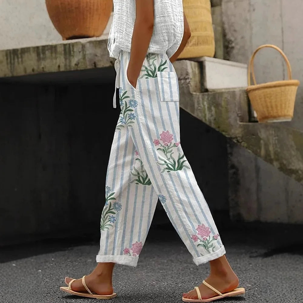 Elastic Drawstring Waist Casual Summer Ankle-Length Trousers