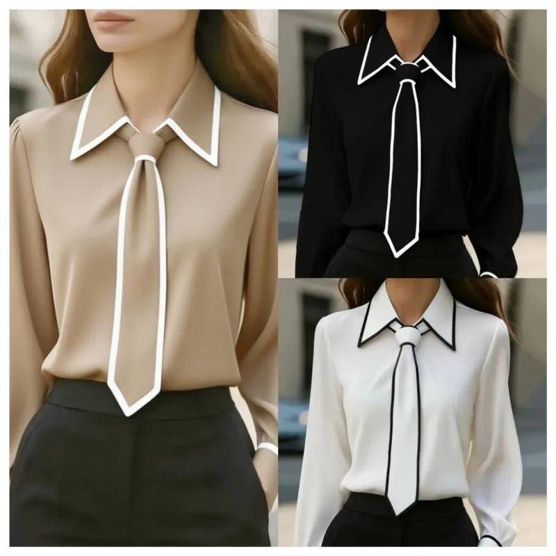 Elegant Contrast Trim Tie-Neck Blouse – Long Sleeve Office Chic Shirt