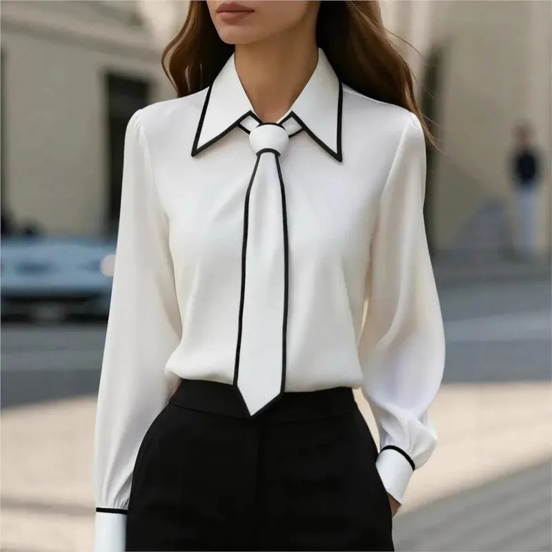 Elegant Contrast Trim Tie-Neck Blouse – Long Sleeve Office Chic Shirt