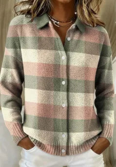 Women’s Plaid Knit Button-Down Shirt – Cozy Long Sleeve Checkered Sweater Top