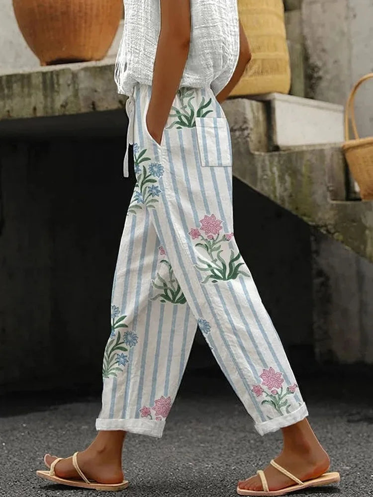 Elastic Drawstring Waist Casual Summer Ankle-Length Trousers